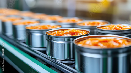 Canned tuna factory, Rows of freshly packed tuna cans in high fidelity. Ideal for food industry or packaging-related projects and presentations. photo