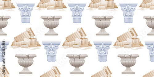 Greek and Roman column pattern. Ancient ruins from Greece or Rome seamless background. Broken pillar and vase illustration. Greek or Roman architecture art. White marble column seamless pattern, 3d bg