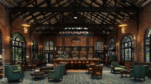 Cozy lounge gathering rustic bar indoor setting vintage atmosphere wide angle relaxation concept