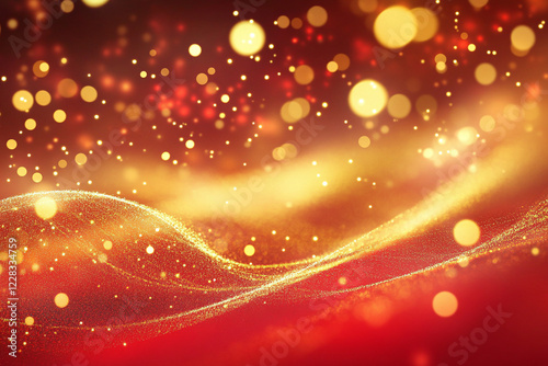Luxurious Golden Glitter Wave on Vibrant Red Background with Sparkling Particles for Festive, Elegant, and Holiday-Themed Designs