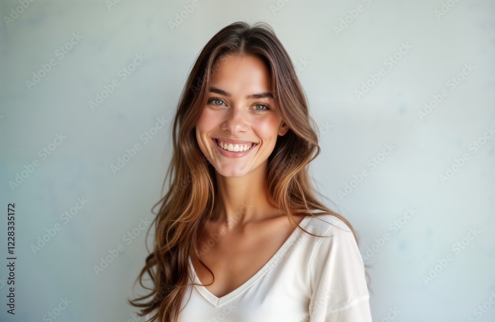 Attractive young woman smiles warmly in studio portrait. Natural light highlights radiant complexion, charming smile. Gray background complements light clothing. Expression shows happiness. Image Attractive young woman smiles warmly in studio portrait. Natural light highlights radiant complexion, charming smile. Gray background complements light clothing. Expression shows happiness. Image