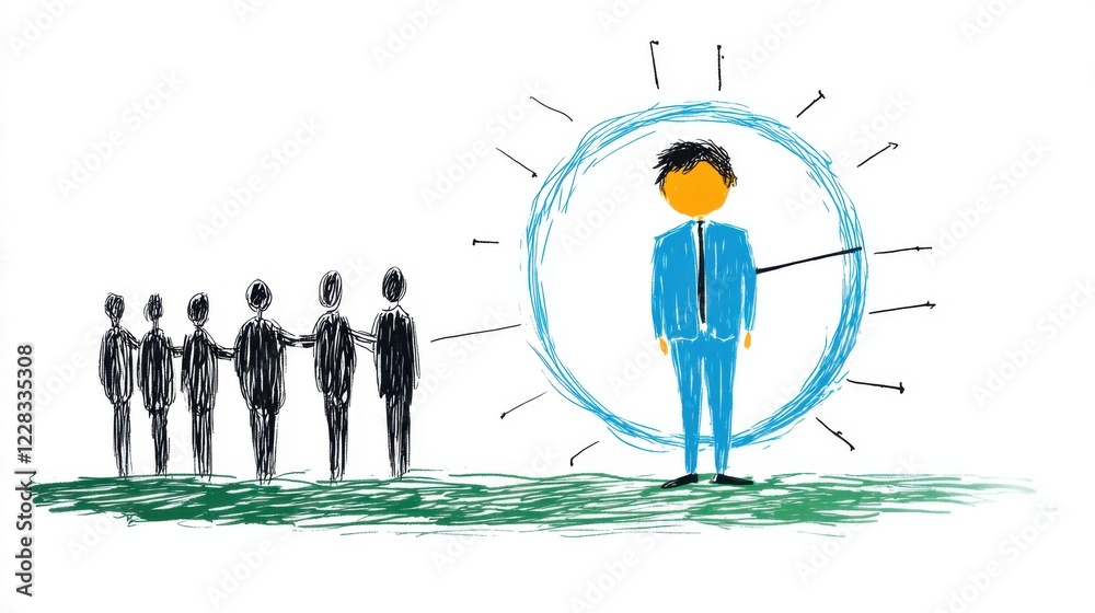 Fototapeta premium Confident Business Leader Surrounded by Unsure Figures in a Creative Illustration Depicting Influence and Leadership