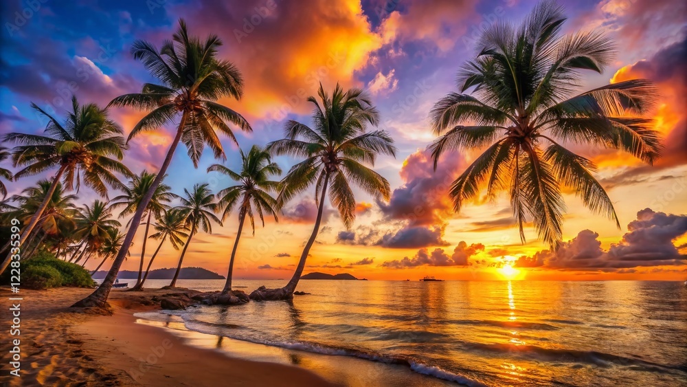 Fototapeta premium Serene Asian Sunset: Palm Trees Silhouette Against Vibrant Sky