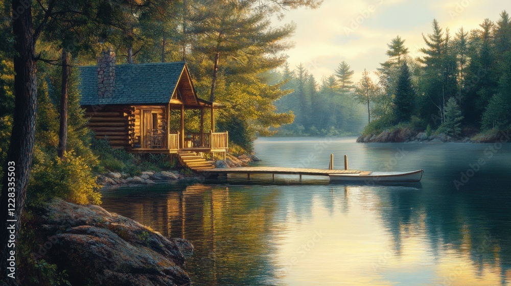 Fototapeta premium Log Cabin Lakeside Morning Peaceful Serenity