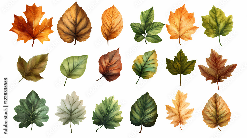 Obraz premium Group autumn leaves various shades green orange yellow png autum. Shaded Falls. Illustration