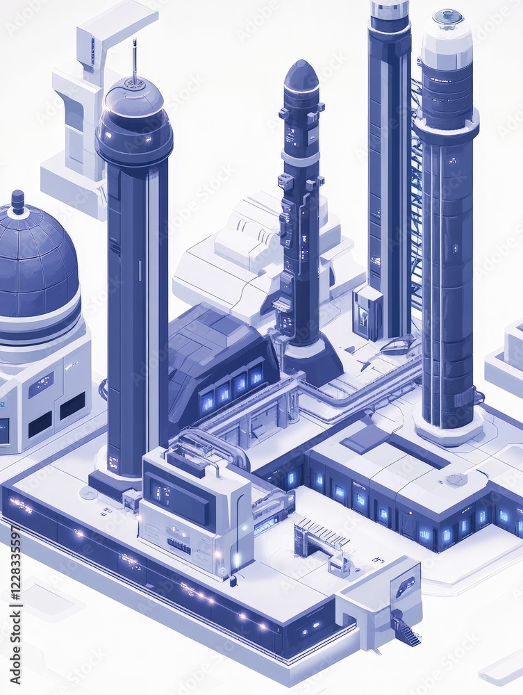 Obraz premium Futuristic Spaceport Isometric Illustration: A Detailed View of a Modern Space Launch Facility.