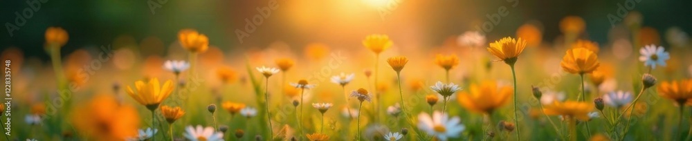 Softly glowing wildflowers in a meadow at dawn, serene, Softly glowing wildflowers in a meadow at dawn, serene,