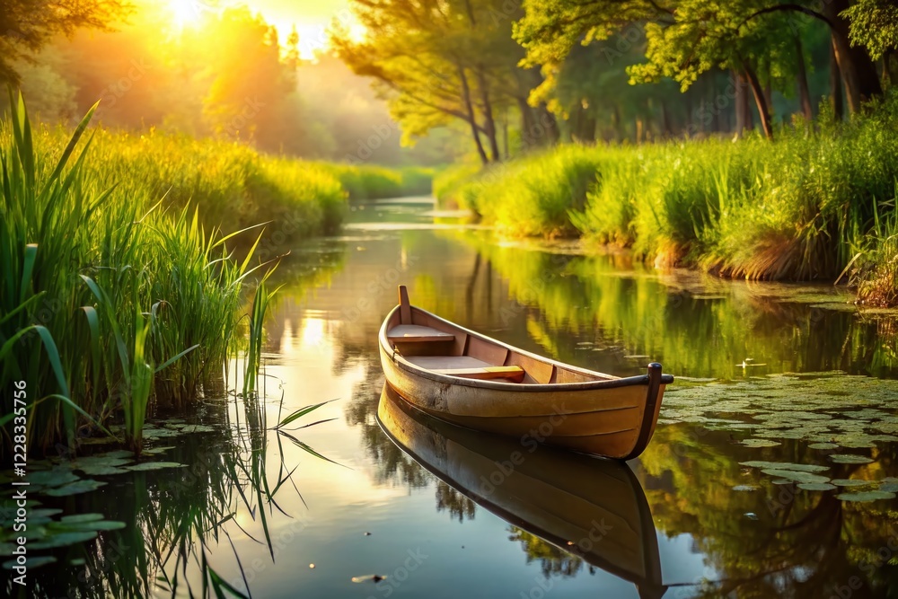 Obraz premium Serene Canoe on Calm River, Lush Green Wetland Plants - Peaceful Nature Stock Photo