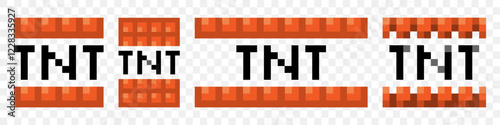 TNT pixel art style icons set. Bombs and explosive signs. Vector illustration isolated on transparent background.