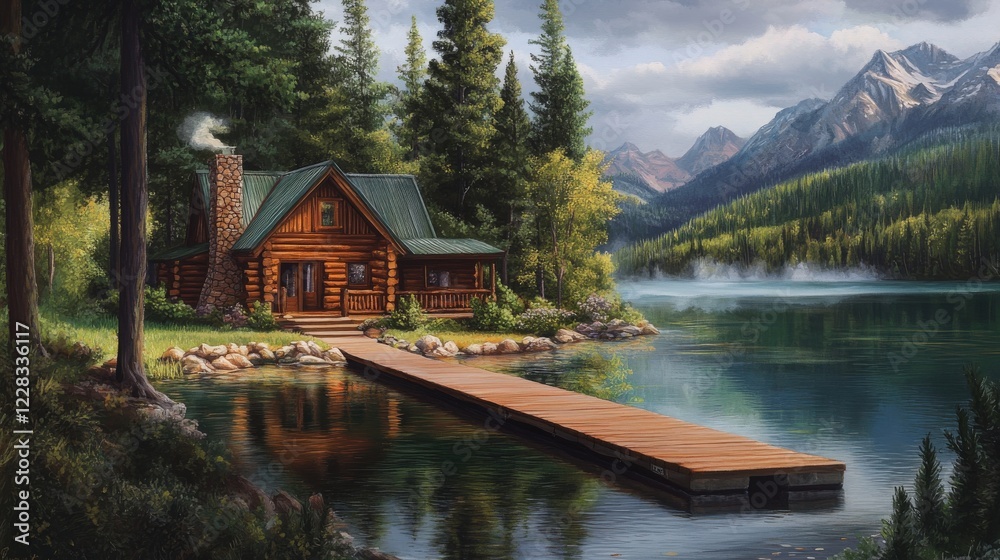 Fototapeta premium Secluded Log Cabin Lakeside Mountain View