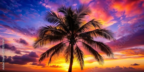 Serene Dawn: Palm Silhouette Against Vibrant Sunrise Sky - Stock Photo