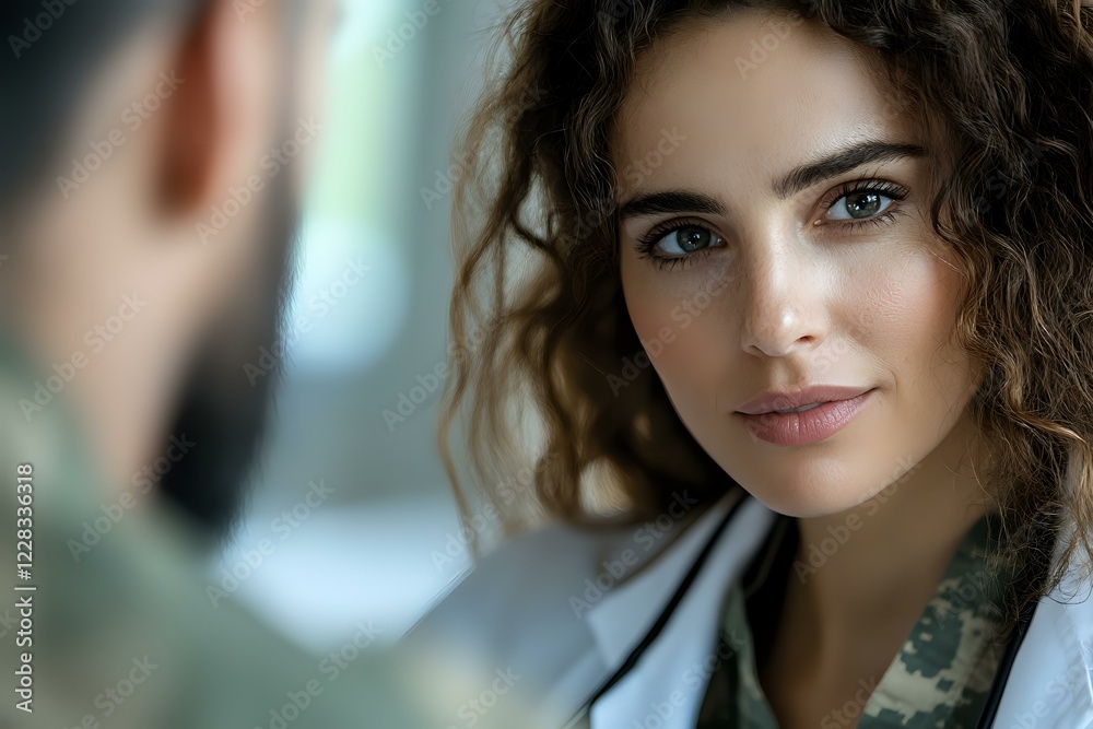 Fototapeta premium Young Mediterranean woman with curly dark hair and green eyes smiling warmly during conversation with male colleague in professional office setting.