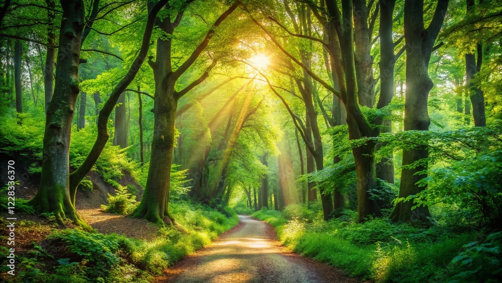 Serene Forest Path: Dappled Sunlight & Lush Greenery - Panoramic Stock Photo