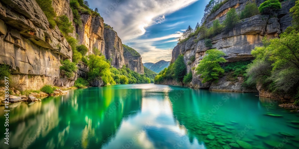 Serene Green Lake in Limestone Canyon, Stone Monastery Region - Long Exposure Photography Serene Green Lake in Limestone Canyon, Stone Monastery Region - Long Exposure Photography