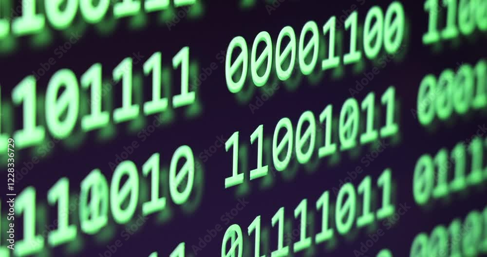 Binary code - computer program or concept of digital software development. Futuristic cyberspace with binary code falling down. Running process of the program Binary code - computer program or concept of digital software development. Futuristic cyberspace with binary code falling down. Running process of the program