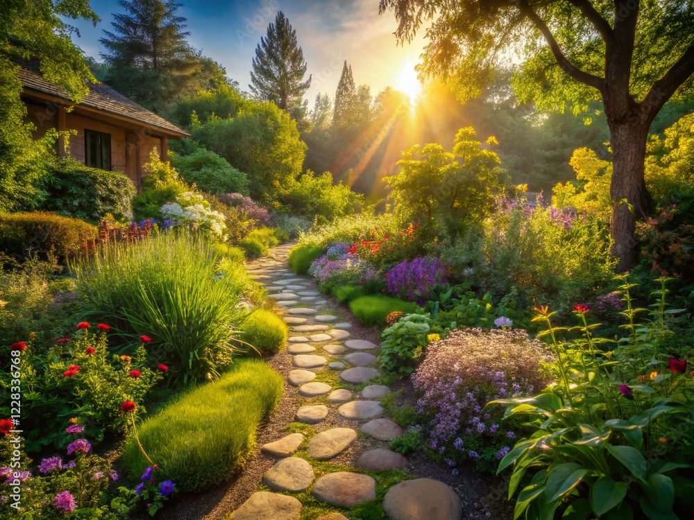 Obraz premium Serene Home Garden Stone Pathway, Lush Greenery, Sunlight, Peaceful Landscape