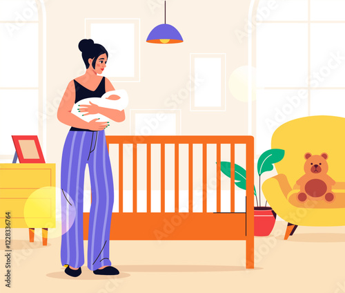 Mother holding baby in nursery. Vector illustration