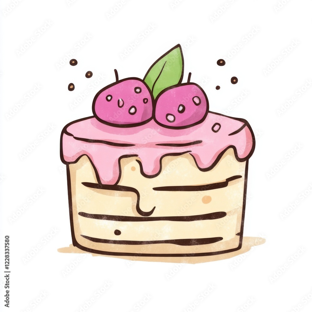 Cute and Colorful Cake Illustration with Cherries and Mint Leaf for Fun Dessert Designs Cute and Colorful Cake Illustration with Cherries and Mint Leaf for Fun Dessert Designs