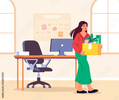 Woman leaving office with box. Vector illustration