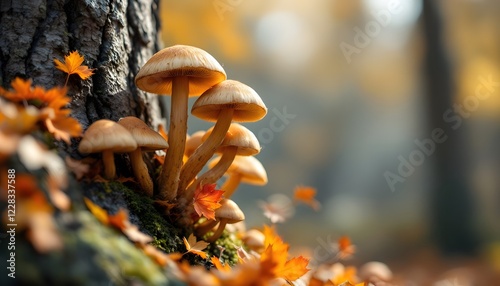 A hyper-realistic image of mushrooms growing on the bark of a tree in an autumn forest. The tree is surrounded by colorful fallen leaves in shades of orange, red, and yellow, adding contras