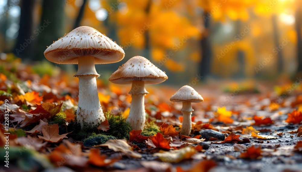 A hyper-realistic image of mushrooms growing along a forest path covered with autumn leaves. The mushrooms should be detailed with sharp textures, showing the veins and gills beneath their A hyper-realistic image of mushrooms growing along a forest path covered with autumn leaves. The mushrooms should be detailed with sharp textures, showing the veins and gills beneath their
