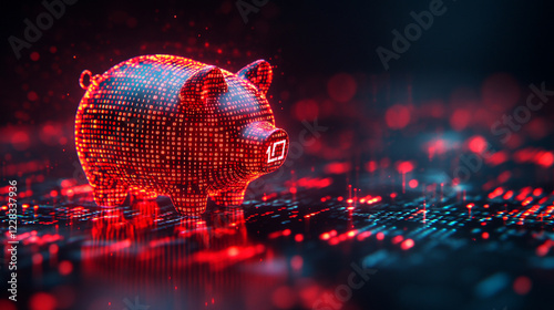 A digital piggy bank surrounded by binary code symbolizing a virtual wallet and the future of online savings with a minimalistic and modern aesthetic featuring bright tones and blurred space

 photo