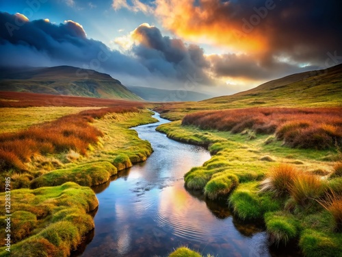 Serene Mountain Stream Flowing to Tarn - Misty Moorland Landscape Stock Photo