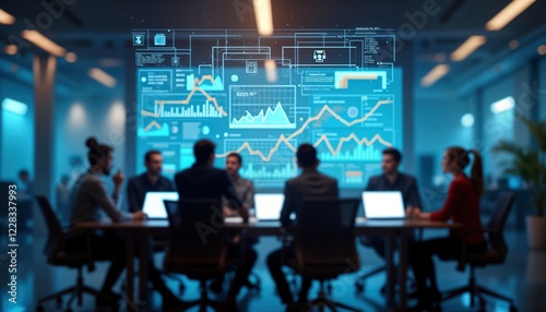 Business people in modern office meeting. Seated around table in open-plan workspace. Holographic tech overlays data charts, graphs on wall. Atmosphere contemporary, dynamic, futuristic tech-driven