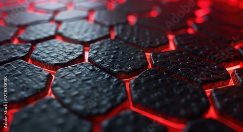 Abstract close-up view of carbon fiber material. Hexagonal pattern with red highlights. Futuristic tech texture. Modern design. Ideal for backgrounds. High-tech visuals for illustrations wallpaper.