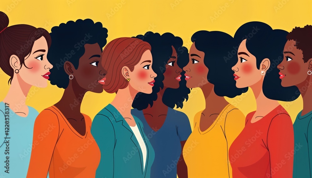 Diverse women stand in profile view. Face forward in united front. Colorful clothing, various hairstyles. Equality, health equity concept. Emphasizing social justice, support. Empowering diversity, Diverse women stand in profile view. Face forward in united front. Colorful clothing, various hairstyles. Equality, health equity concept. Emphasizing social justice, support. Empowering diversity,