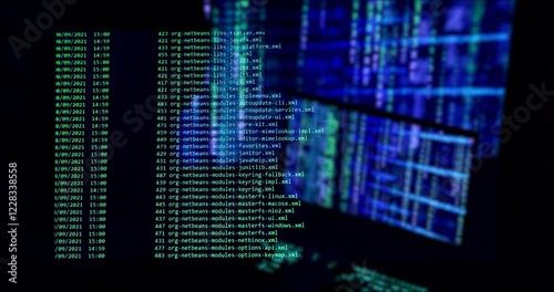 Hacking concept. Close-up of computer screen - modern electronic technologies. Search files process in big data array. Cyberattack. Ddos attack. Typing code on keyboard - codes and program software