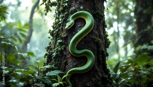 A hyper-realistic image of a snake climbing the bark of a tall tree in a vibrant rainforest. The snake’s green and brown scales contrast beautifully with the dark brown bark of the tree. Ra