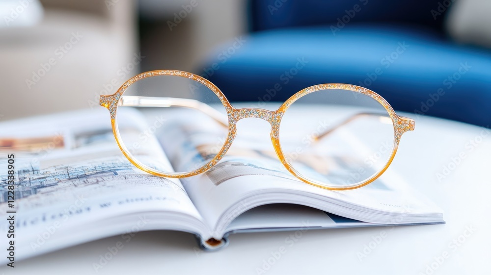 Stylish round glasses placed on open book Stylish round glasses placed on open book