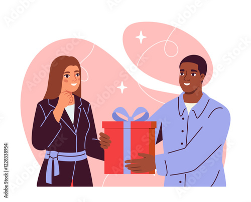 Two people exchanging a gift. Vector illustration
