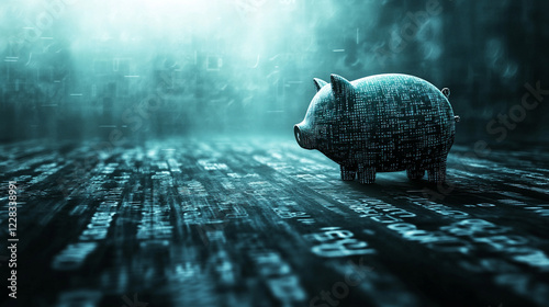 A digital piggy bank surrounded by binary code symbolizing a virtual wallet and the future of online savings with a minimalistic and modern aesthetic featuring bright tones and blurred space

 photo