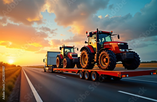 Heavy industrial truck transports two modern farming tractors on flatbed trailer. Sunset sunrise paints sky with warm colors. Agricultural machinery transportation service on highway. Large vehicle