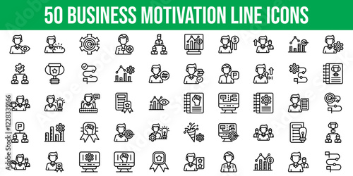 Set of 50 Outline Icons Related to Business Motivation. Line Icon Collection. Editable stroke. Vector illustration