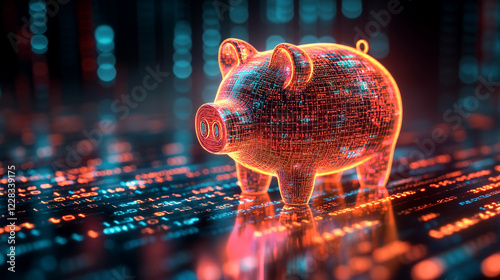 A digital piggy bank surrounded by binary code symbolizing a virtual wallet and the future of online savings with a minimalistic and modern aesthetic featuring bright tones and blurred space

 photo