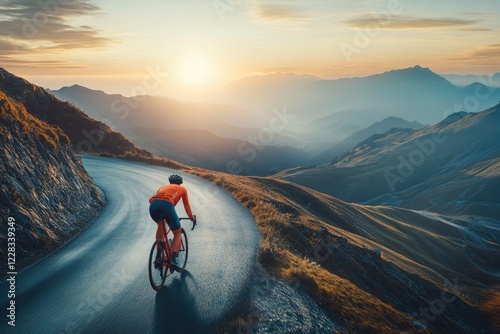 Cyclist rides road bike on mountain pass during sunrise, enjoying scenic views.