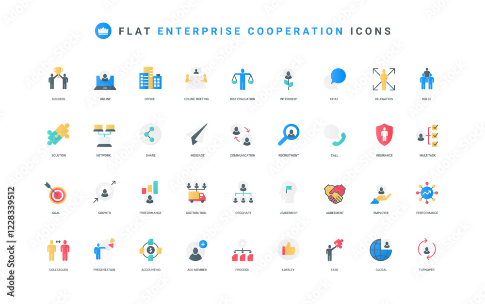 Teamwork and cooperation organization in corporate company, enterprise color icon set. Organizational structure and hierarchy, relationship of department, multichannel flat element vector illustration