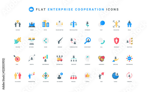 Teamwork and cooperation organization in corporate company, enterprise color icon set. Organizational structure and hierarchy, relationship of department, multichannel flat element vector illustration
