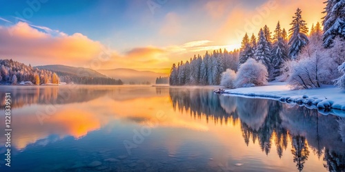 Serene Sunrise at Lake Cauma, Switzerland: Winter Wonderland Long Exposure Photography photo