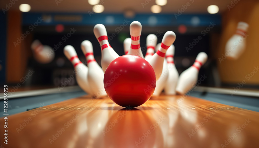 Bowling ball strikes pins on wooden lane. Action shot. Indoor bowling alley. Bright light. Active leisure sport. Fun entertainment. Victory, competition. Smooth polished ball, wood. Close up. Focus Bowling ball strikes pins on wooden lane. Action shot. Indoor bowling alley. Bright light. Active leisure sport. Fun entertainment. Victory, competition. Smooth polished ball, wood. Close up. Focus