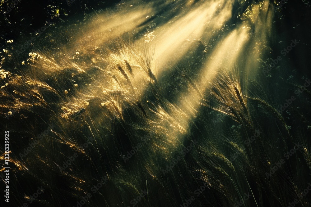 Golden rays illuminating ears of wheat in a tranquil agricultural field at sunrise. Generative AI Golden rays illuminating ears of wheat in a tranquil agricultural field at sunrise. Generative AI
