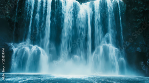 A cascading waterfall that glows faintly in shades of cyan and white, surrounded by dense, glowing f. Shaded Falls. Illustration