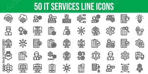 Set of 50 Outline Icons Related to IT Services. Line Icon Collection. Editable stroke. Vector illustration