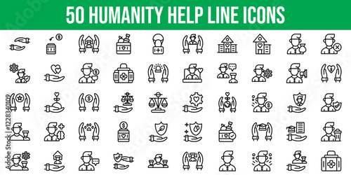 Set of 50 Outline Icons Related to Humanity Help. Line Icon Collection. Editable stroke. Vector illustration