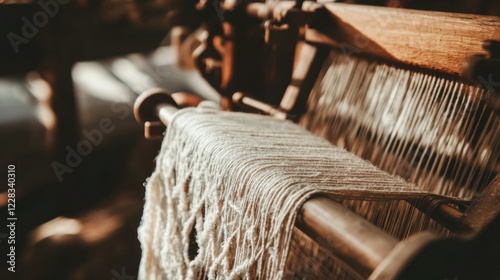 Scene of a weaving setup. Featuring loom, threads, and a woven fabric. Highlighting the art of weaving. Ideal for DIY and craft blogs. photo