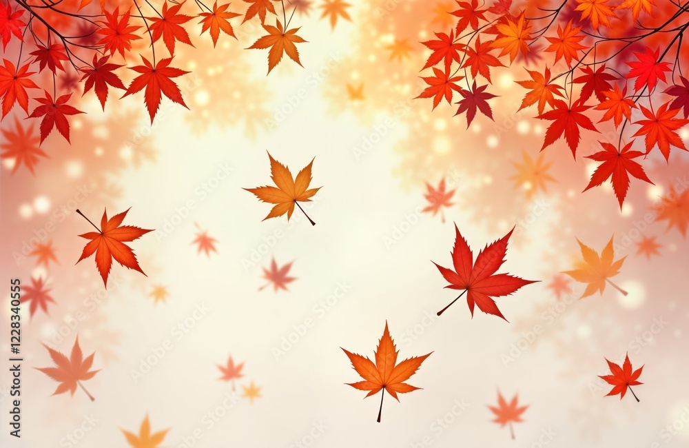 Colorful autumn maple leaves float in air against soft light. Beautiful fall foliage in vibrant shades of orange, red. Image shows autumnal scene. Gentle breeze carries leaves downward. Perfect for Colorful autumn maple leaves float in air against soft light. Beautiful fall foliage in vibrant shades of orange, red. Image shows autumnal scene. Gentle breeze carries leaves downward. Perfect for