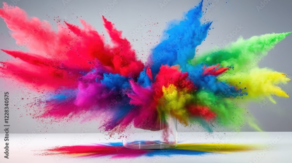 Fototapeta premium An explosive burst of vibrant colors in shades of pink, blue, green, and yellow emanates from a glass container, creating a stunning visual spectacle.